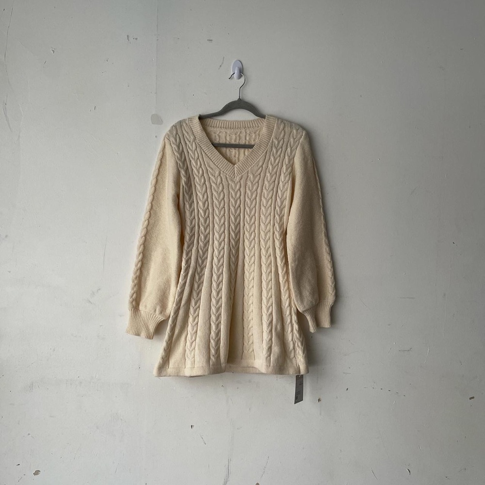 NWT Halara Cream Cable Knit V-neck A-line Mini Sweater Dress Size S